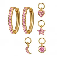 S925 Silver Needle Four Small Pendants Moon Star Cross Bead Hoop Set Earrings sku image 10