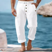 Men's Casual Cotton Linen Beach Pants With Drawstring & Button Closure, Loose Fit Spring Autumn American Style Solid Color main image 3