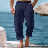 Men's Casual Cotton Linen Beach Pants With Drawstring & Button Closure, Loose Fit Spring Autumn American Style Solid Color main image 5