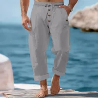 Men's Casual Cotton Linen Beach Pants With Drawstring & Button Closure, Loose Fit Spring Autumn American Style Solid Color main image 4