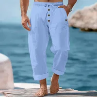 Men's Casual Cotton Linen Beach Pants With Drawstring & Button Closure, Loose Fit Spring Autumn American Style Solid Color main image 2
