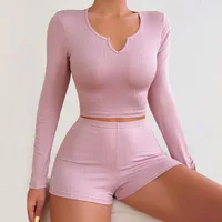 Holiday Home Women's Casual Elegant Lady Solid Color Polyester Rib Jacquard Strip Shorts Sets Pajama Sets main image 1