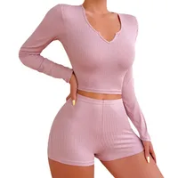 Holiday Home Women's Casual Elegant Lady Solid Color Polyester Rib Jacquard Strip Shorts Sets Pajama Sets main image 4