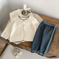 Autumn And Winter Infant Children's Sweater Suit Herringbone Jacquard Knitted Coat + Striped Stitching Knitted Trousers main image 1