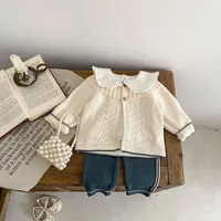 Autumn And Winter Infant Children's Sweater Suit Herringbone Jacquard Knitted Coat + Striped Stitching Knitted Trousers main image 2