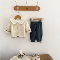 Autumn And Winter Infant Children's Sweater Suit Herringbone Jacquard Knitted Coat + Striped Stitching Knitted Trousers main image 3