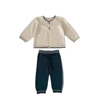 Autumn And Winter Infant Children's Sweater Suit Herringbone Jacquard Knitted Coat + Striped Stitching Knitted Trousers main image 4