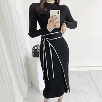 Women's Sheath Dress Elegant High Neck Belt Long Sleeve Stripe Midi Dress Daily sku image 2