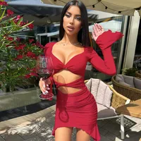 Women's Sheath Dress Sexy Streetwear V Neck Pleated Hollow Out Long Sleeve Solid Color Above Knee Casual Holiday Party main image 1