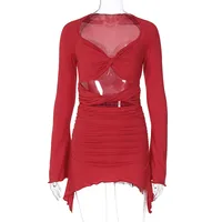 Women's Sheath Dress Sexy Streetwear V Neck Pleated Hollow Out Long Sleeve Solid Color Above Knee Casual Holiday Party sku image 3
