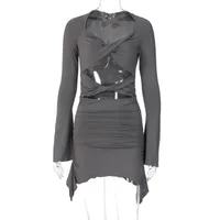 Women's Sheath Dress Sexy Streetwear V Neck Pleated Hollow Out Long Sleeve Solid Color Above Knee Casual Holiday Party sku image 4