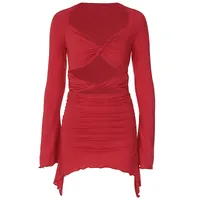 Women's Sheath Dress Sexy Streetwear V Neck Pleated Hollow Out Long Sleeve Solid Color Above Knee Casual Holiday Party main image 4
