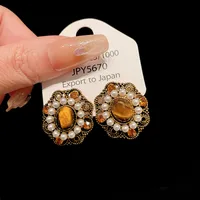1 Pair Elegant Retro Geometric Alloy Tiger Eye Rhinestones Ear Studs sku image 1