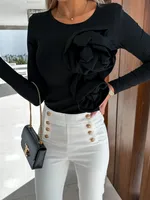 Independent Station  Hot Sale Simple Rose Decoration Long Sleeve Slim Top Shirt sku image 7