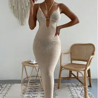 Women's Sheath Dress Sexy Halter Neck Sleeveless Solid Color Maxi Long Dress Outdoor Daily Beach main image 1