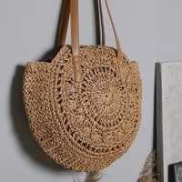 Women's Large Summer Straw Solid Color Vacation Beach Weave Zipper Beach Bag Straw Bag sku image 1