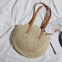 Women's Large Summer Straw Solid Color Vacation Beach Weave Zipper Beach Bag Straw Bag sku image 3