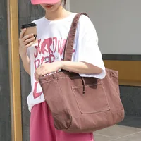 Women's Large Canvas Solid Color Basic Open Canvas Bag main image 4