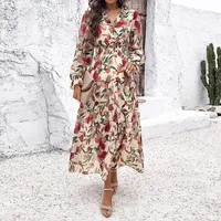 Women's Regular Dress Vacation V Neck Belt Long Sleeve Flower Midi Dress Daily main image 3
