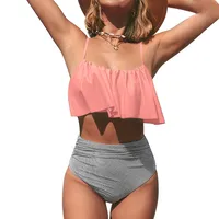 Women's Stripe Solid Color 2 Pieces Set Bikinis Swimwear sku image 5