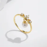 14K Gold Plated 925 Sterling Silver Artificial Pearls Zircon Bow Knot Charm Rings main image 2