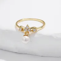 14K Gold Plated 925 Sterling Silver Artificial Pearls Zircon Bow Knot Charm Rings main image 3