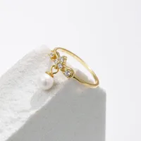 14K Gold Plated 925 Sterling Silver Artificial Pearls Zircon Bow Knot Charm Rings main image 6
