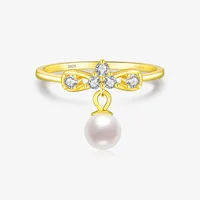 14K Gold Plated 925 Sterling Silver Artificial Pearls Zircon Bow Knot Charm Rings main image 1