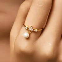 14K Gold Plated 925 Sterling Silver Artificial Pearls Zircon Bow Knot Charm Rings main image 5