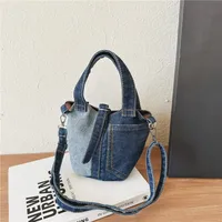 Unisex Medium Denim Solid Color Vintage Style Streetwear Bucket Lock Clasp Crossbody Bag sku image 2