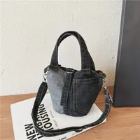 Unisex Medium Denim Solid Color Vintage Style Streetwear Bucket Lock Clasp Crossbody Bag sku image 3