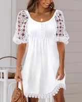 Women's Regular Dress Simple Style Round Neck Lace Short Sleeve Solid Color Midi Dress Holiday Daily sku image 5