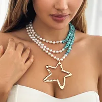 Retro Ethnic Style Star Artificial Pearl Alloy Turquoise Beaded Women's Three Layer Necklace sku image 14