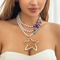 Retro Ethnic Style Star Artificial Pearl Alloy Turquoise Beaded Women's Three Layer Necklace sku image 13