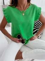 Independent Station Women's Top  Explosions Short Sleeve Simple Round Neck Pleated Shirt Women's Shirt sku image 3