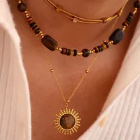 304 Stainless Steel Titanium Steel 14K Gold Plated Vintage Style Lady Classic Style Beaded Plating Inlay Geometric Natural Stone Rings Necklace main image 2
