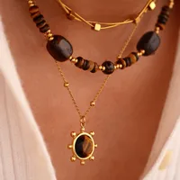 304 Stainless Steel Titanium Steel 14K Gold Plated Vintage Style Lady Classic Style Beaded Plating Inlay Geometric Natural Stone Rings Necklace main image 3