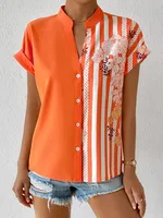Women's Racerback Tank Tops Short Sleeve Blouses Elegant Stripe main image 8