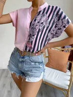Women's Racerback Tank Tops Short Sleeve Blouses Elegant Stripe main image 3