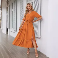 Women's Regular Dress Simple Style V Neck Button Short Sleeve Solid Color Maxi Long Dress Daily main image 4