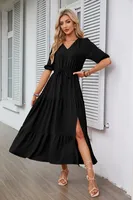 Women's Regular Dress Simple Style V Neck Button Short Sleeve Solid Color Maxi Long Dress Daily sku image 8