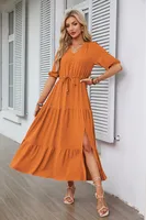 Women's Regular Dress Simple Style V Neck Button Short Sleeve Solid Color Maxi Long Dress Daily sku image 2