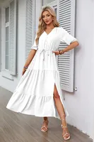 Women's Regular Dress Simple Style V Neck Button Short Sleeve Solid Color Maxi Long Dress Daily sku image 7