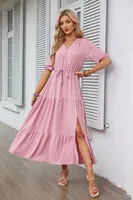Women's Regular Dress Simple Style V Neck Button Short Sleeve Solid Color Maxi Long Dress Daily sku image 1