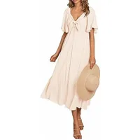 Women's Swing Dress Simple Style V Neck Bowknot Short Sleeve Solid Color Midi Dress Daily main image 5