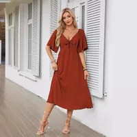 Women's Swing Dress Simple Style V Neck Bowknot Short Sleeve Solid Color Midi Dress Daily main image 4