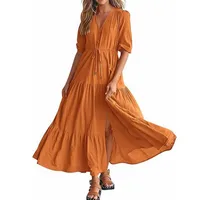 Women's Regular Dress Simple Style V Neck Button Short Sleeve Solid Color Maxi Long Dress Daily main image 5
