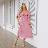 Women's Swing Dress Simple Style V Neck Bowknot Short Sleeve Solid Color Midi Dress Daily main image 2