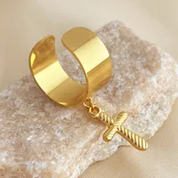 Wholesale Jewelry Simple Style Cross Starfish Feather 304 Stainless Steel 18K Gold Plated Plating Adjustable Ring sku image 5
