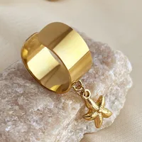 Wholesale Jewelry Simple Style Cross Starfish Feather 304 Stainless Steel 18K Gold Plated Plating Adjustable Ring sku image 3